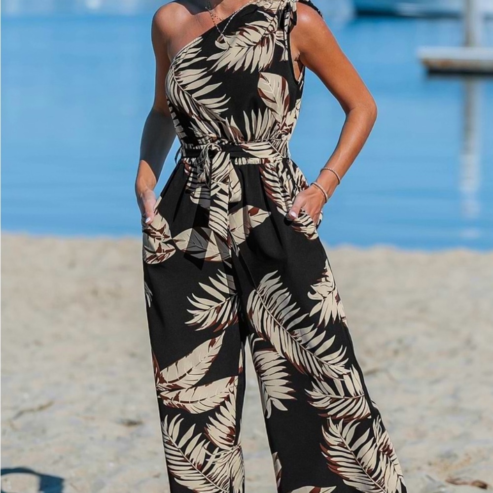 Brand new CUPSHE Midnight Tropics One-Shoulder Wide Leg JUMPSUIT